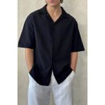 Erkek Oversize Apaş Yaka Kısa Kollu Keten Gömlek - Siyah - XL