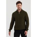 Erkek Oversize Fermuarlı Balıkçı Triko Kazak - Haki - XL