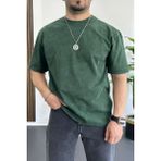 Erkek Oversize Geniş Kesim Yıkamalı Kumaş Nakış Logolu Tişört Yeşil EDW366 - 2XL