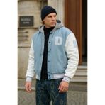 Erkek Oversize Kapşonlu B. Mavi Kot Kolej Ceket - 3XL