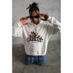 Erkek Oversize Kapüşonlu Sweatshirt Beyaz Üç İplik İçi Pamuklu Kanguru Cepli - Beyaz