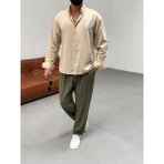 Erkek Oversize Kesim Keten Gömlek - Bej - XL