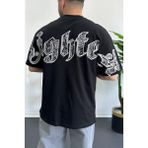 Erkek Oversize Ön ve Arka Kabartmalı Fighter Baskılı Tişört Siyah EDW367