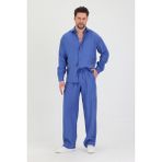 Erkek Oversize Rahat Kalıp Gömlek-Pantolon Alt-Üst Takım - Saks Mavi