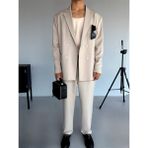 Erkek Oversize Rahat Kalıp Kruvaze Takım Elbise Bej - XL
