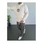 Erkek Oversize Üç İplik Kapüşonlu Sweatshirt Beyaz Ön Baskılı Kanguru Cepli Kalıp İçi