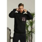 Erkek Oversize Üç İplik Kapüşonlu Sweatshirt –Sırt Ve Ön Baskılı, Kanguru Cepli, Rahat Kalıp Maskot Desenli Model - Siya
