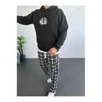 Erkek Oversize Üç İplik Kapüşonlu Sweatshirt Siyah Sırt Ve Ön Baskılı Kanguru - Siyah