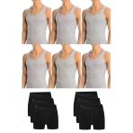 Erkek Pamuklu 6'Lı Gri Atlet Ve 6'Lı Siyah Boxer 12 Parça Set