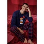 Erkek Pamuklu Ayıcık Baskılı Ekose Desenli Pijama Takımı