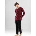 Erkek Pamuklu Bisiklet Yaka Baskılı Uzun Kollu Pijama Takımı 9802 Bordo - XL