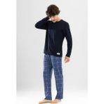 Erkek Pamuklu Bisiklet Yaka Baskılı Uzun Kollu Pijama Takımı 9803 Lacivert - XL
