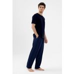 Erkek Pamuklu Kısa Kollu Lacivert Ekose Desenli Cep Detaylı Pijama Takımı Lacivert L
