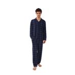Erkek Pamuklu Mavi Ekose Desenli Uzun Kollu Cep Detaylı Gömlek Yaka Pijama Takımı Mavi Ekose 2XL