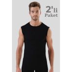 Erkek Pamuklu Siyah Tişört Sıfır Kol Sıfır Yaka Kolsuz Atlet 2'li Paket - XL