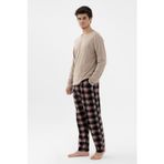 Erkek Pamuklu Uzun Kollu Basic Siyah - Vizon Ekose Desenli Cep Detaylı Pijama Takımı