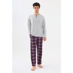 Erkek Pamuklu Uzun Kollu Önü Patlı Ekose Desenli Pijama Takımı - -