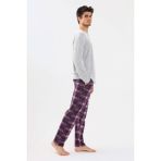 Erkek Pamuklu Uzun Kollu Önü Patlı Ekose Desenli Pijama Takımı - XL