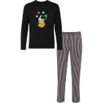 Erkek Pamuklu Uzun Kollu Üst Astronot Baskılı Alt Çizgili Pijama Takımı - Siyah - Beyaz - XL