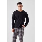 Erkek Pamuklu Uzun Kollu Yamalı Ekose Desenli Pijama Takımı - Siyah - Kırmızı