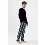 Erkek Pamuklu Uzun Kollu Yamalı Ekose Desenli Pijama Takımı Yeşil Ekose L