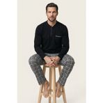 Erkek Pijama Takımı %100 Pamuk Uzun Kollu Henley Yaka Düğmeli Üst Gri-Beyaz Ekose Pantolon Mevsimlik 2'li Set