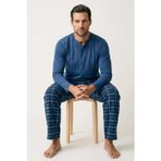 Erkek Pijama Takımı %100 Pamuk Uzun Kollu Henley Yaka Düğmeli Üst Mavi-Çivit Ekose Pantolon Mevsimlik 2'li Set