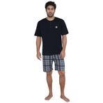 Erkek Pijama Takımı, Siyah Polo Yaka T-Shirt ve Ekose Şort, Rahat Ev Giyimi (Siyah, XXL)
