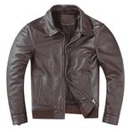 Erkek Pilot Deri Mont, Hakiki Manda Derisi, Kahverengi, Gömlek Yaka, Fermuarlı (Kahverengi, 3XL)
