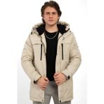 Erkek Polarlı Kürklü Su ve Rüzgar Geçirmez Kapüşonlu Kışlık Mont & Kaban & Parka - Taş - 2XL