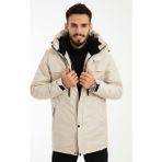 Erkek Polarlı Su ve Rüzgar Geçirmez Kapüşonlu Kışlık Mont Kaban Parka - Taş - 2XL