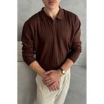 Erkek Polo Yaka Fitilli Oversize Triko Kazak - Kahverengi