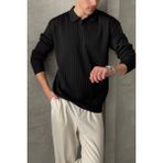 Erkek Polo Yaka Fitilli Oversize Triko Kazak - M - Siyah