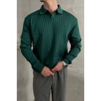Erkek Polo Yaka Fitilli Oversize Triko Kazak - Petrol Yeşili