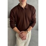 Erkek Polo Yaka Fitilli Oversize Triko Kazak - XL - Kahverengi