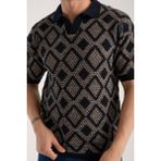 Erkek Polo Yaka Geometrik Desenli Kısa Kollu Triko Tişört - Lacivert Bej - XL