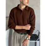 Erkek Polo Yaka Örme Oversize Kazak - Kahverengi - XL