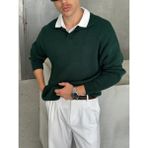 Erkek Polo Yaka Örme Oversize Kazak - Koyu Yeşil