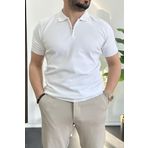 Erkek Polo Yaka Polo Yaka Fermuarlı Düz Tişört Beyaz Edw261
