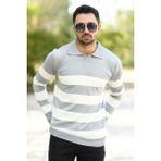 Erkek Polo Yaka Sweatshirt Gri-Beyaz Çizgili Triko %100 Flament Örme Ribanalı - 1420 - XL