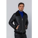 Erkek Regular Fit İçi Yünlü Fermuar Detaylı Deri İşçilikli Klasik Napa Deri Mont SİYAH XL