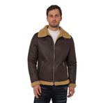 Erkek Regular Fit İçi Yünlü Fermuar Detaylı Deri İşçilikli Klasik Suni Deri Mont KAHVERENGİ XL