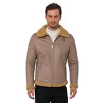 Erkek Regular Fit İçi Yünlü Fermuar Detaylı Deri İşçilikli Klasik Suni Deri Mont TAŞ XL