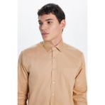 Erkek Regular Fit Klasik Kesim %100 Pamuk Saten Tek Cepli Krem Gömlek