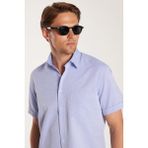 Erkek Regular Fit Klasik Kesim kısa Kollu Pamuklu Tek Cepli Armürlü Saks Mavi Gömlek - 2XL