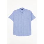 Erkek Regular Fit Klasik Kesim Oversize %100 Pamuk Keten Doku Tek Cepli Çizgili Kısa Kollu Mavi Gömlek