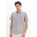 Erkek Regular Fit Klasik Kesim Oversize %100 Pamuk Kısa Kollu Keten Doku Tek Cep Çizgili Gömlek