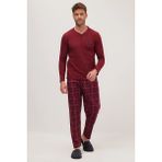 Erkek Regular Fit Pamuklu Düğmeli Yaka Beli Lastikli Desenli Bordo Pijama Takımı