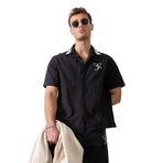 Erkek Relax Fit Keten Görünümlü Nakışlı Gömlek Siyah