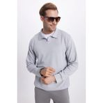 Erkek Relax Fit Rahat Kesim Polo V Yaka Gri Sweatshirt